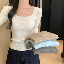 纯欲漏锁骨方领长袖毛衣针织衫女秋冬季修身显瘦内搭上衣打底小衫