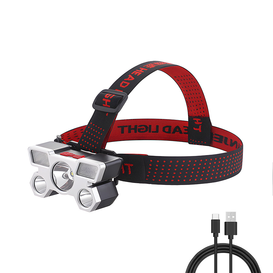 Transfronterizos nuevos fuertes cabezales ligeros led cinco cabezas de avión lámpara USB recargable cabeza pequeña linterna al aire libre lámpara de minería