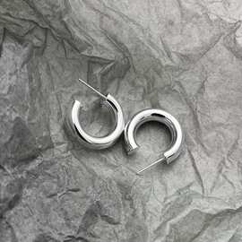 韩国s925纯银耳环女C形几何半圆圈耳钉素银亮耳饰气质百搭简约ins