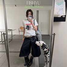 十三行FISHYU夏季新款美式复古英文狗狗烫图小版圆领短袖t恤26120