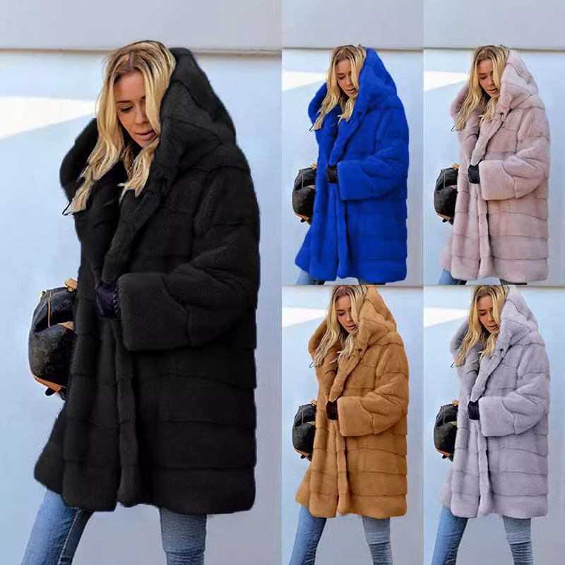 plus size Women's Clothing European and American Street Fashionists' Belt-Free Solid Color Long-Sleeved Faux Fur Hooded Warm Fur Coat Autumn