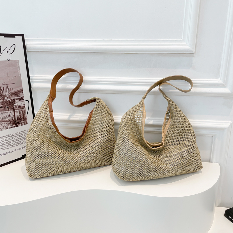 Bolsa de hombro de vacaciones, bolsa de playa, bolsa coreana de tela retro, bolsa de tela de paja, bolsa de brazo de gran capacidad