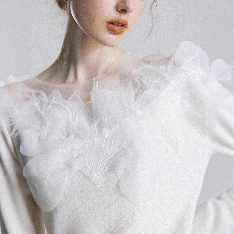 In Stock Gentle Swan Neck_ Wool + Ostrich Feather Hand-Embroidered Floral Mesh Bottoming Knitwear
