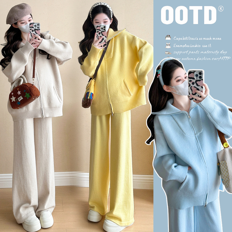 Pregnant Mom 2025 Autumn/Winter Internet Celebrity Soft and Skin-Friendly Turn-Down Collar Double-Zipper Fashion Sweater Casual Maternity Set Slimming