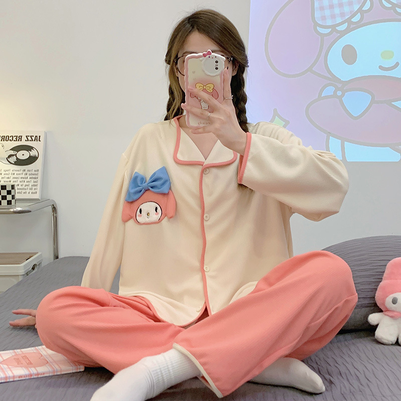 Simple chica pijamas de las mujeres peinado waffle algodón manga larga Otoño e Invierno pequeño solapa cardigan lindo casual Home wear Set