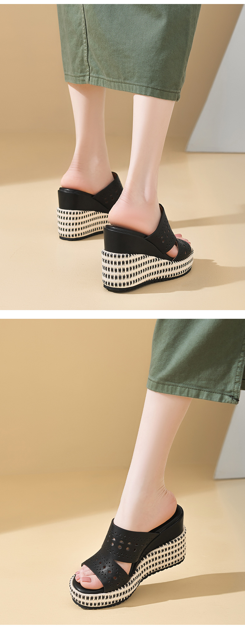 Sandal hở mũi nữ da bò cao cấp đế xuồng tăng chiều cao — màu đen, Trắng kem-, màu mơ chi tiết 12