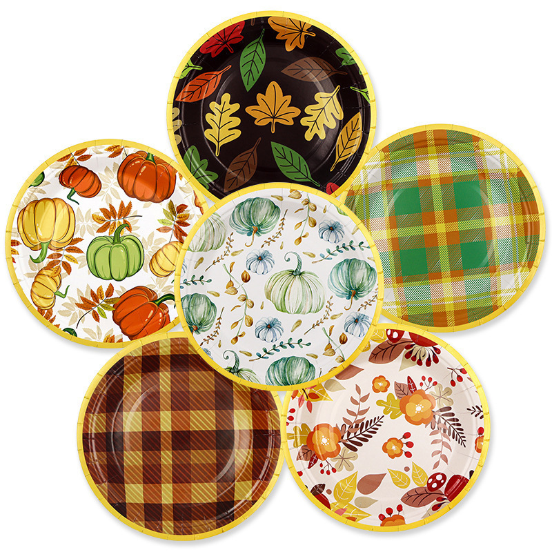 Amazon Thanksgiving Harvest Festival Party Decoration Dinner Plate Autumn Maple Leaf Pumpkin Disposable Paper Plate Dessert Plate
