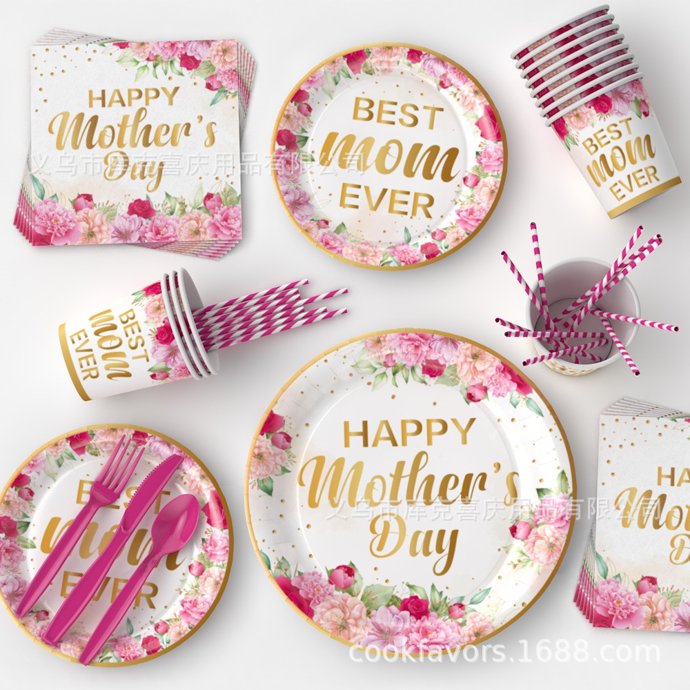 Nueva Mother's Day Flower Theme Party Bandeja de papel Taza de papel Toallas de papel Decoración de la fiesta del día de la madre