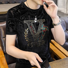 2025新款正版欧货烫钻6D植绒烧花圆领时尚T恤时尚流行休闲百搭帅