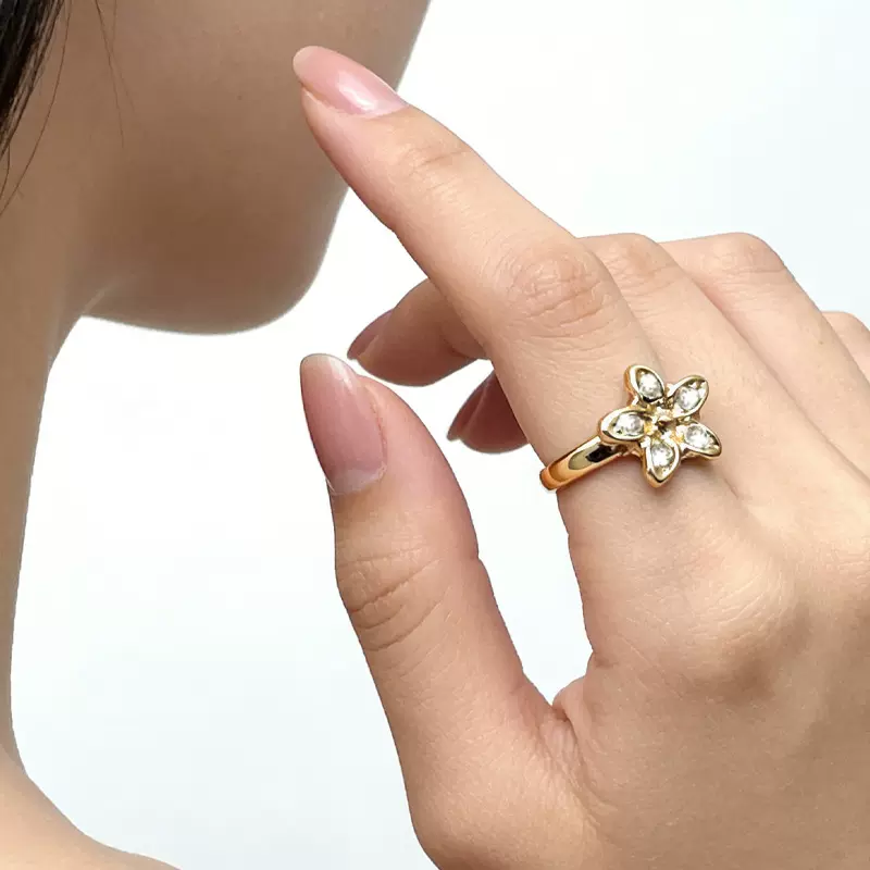 欧美风轻奢镶钻戒指小众设计感五角星花朵指环闭口戒指女跨境批发