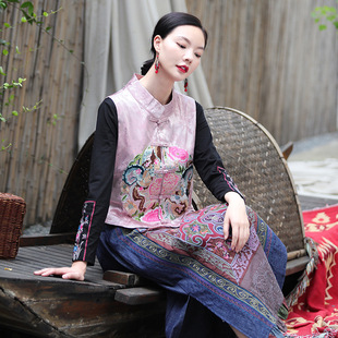 Real shot ethnic style embroidered buckle vintage vest short sleeveless blouse Waistcoat Vest