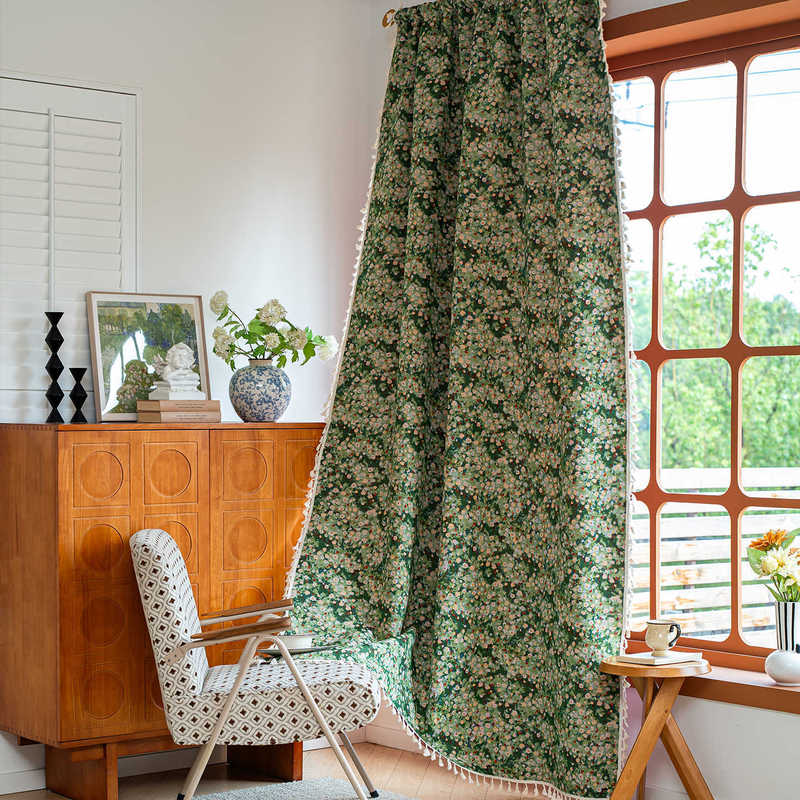 American-Style Pastoral Oil Painting Style Finished Curtains, Cotton and Linen Jacquard Semi-Blackout Curtains for Bedroom, Balcony, Kitchen, Short Curtains Wholesale