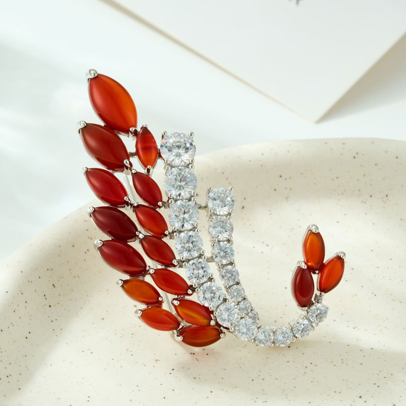 Chinese Style High-End Flame Red Feather Brooch Copper Alloy Inlaid with Zircon Red Agate Green Chalcedony Brooch New Women's Corsage