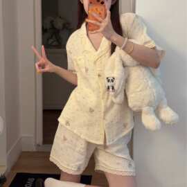100% 婴儿棉小熊碎花蕾丝边睡衣女夏 可外穿短袖短裤家居服