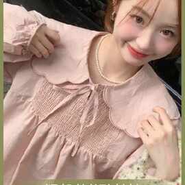 法式甜美娃娃领衬衫女秋季设计感小众蝴蝶结系带衬衣长袖上衣春秋