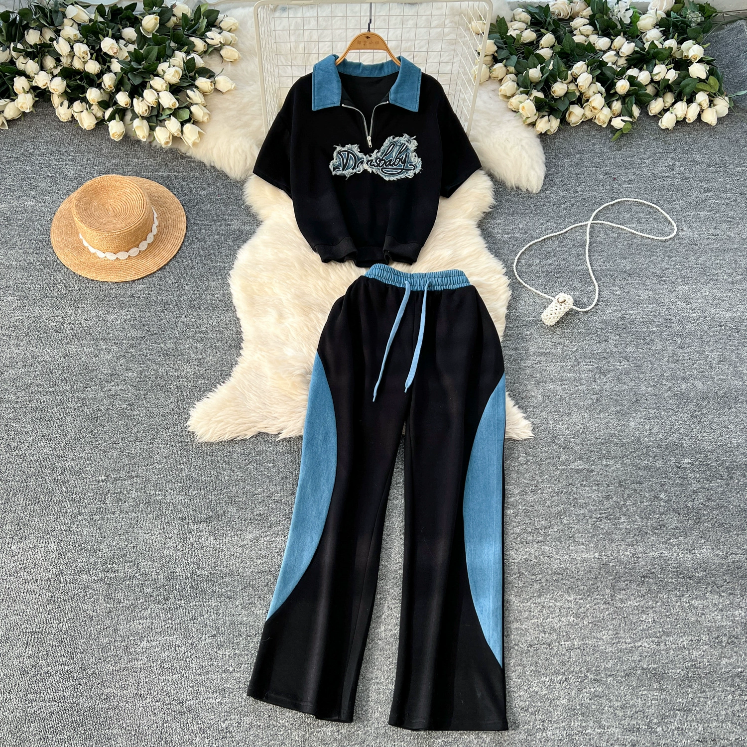 Повседневный спортивный костюм женский летний гавань chic модный ретро-отворот с короткими рукавами вышитый топ с высокой талией широкие брюки