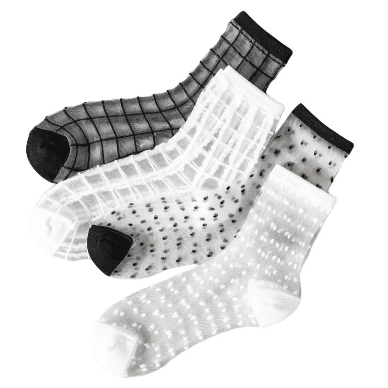 Wholesale High-Quality Plaid Striped Polka Dot Transparent Socks Custom Design Women's Transparent Black and White Crew Crystal Long Socks