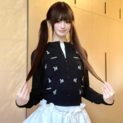 刺绣小狗短款黑色毛衣针织开衫女早秋季新款修身高腰小上衣打底衫