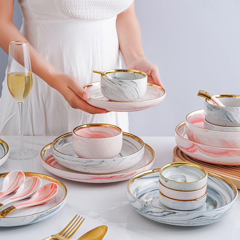 Tazón plato traje nórdico personalidad creativa Internet celebridad borde dorado marbling vajilla de cerámica hogar arroz plato sopa combinación