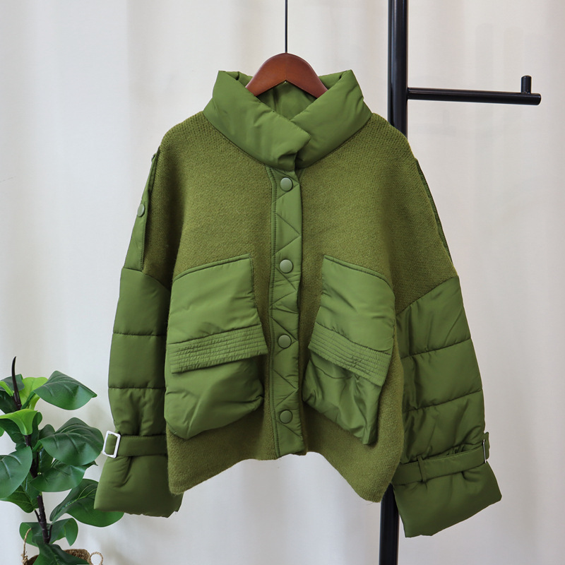 Damkläder ny stil splicing bomullsstickad kofta förtjockad lös temperament design ståkrage tröja jacka för kvinnor_voghion.com