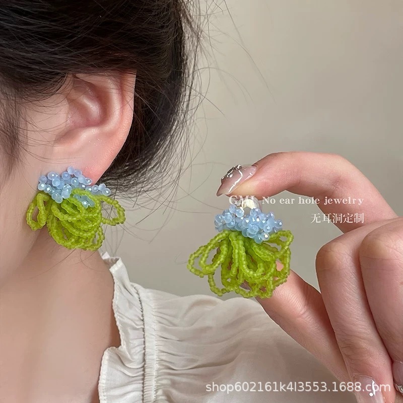 绿色海岛串珠花朵耳钉女2025新款海边度假风耳环夸张配饰耳饰|undefined