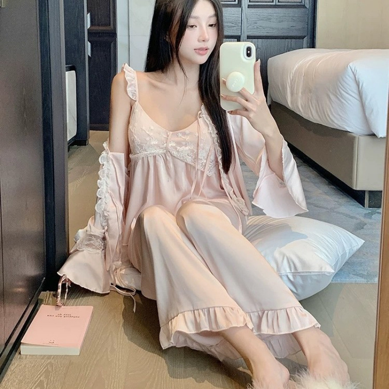2025 Spring and Autumn New Ice Silk Pajamas Women's Sexuality with Chest Pad Pure Desire Summer Satin Thin Home Clothes suit