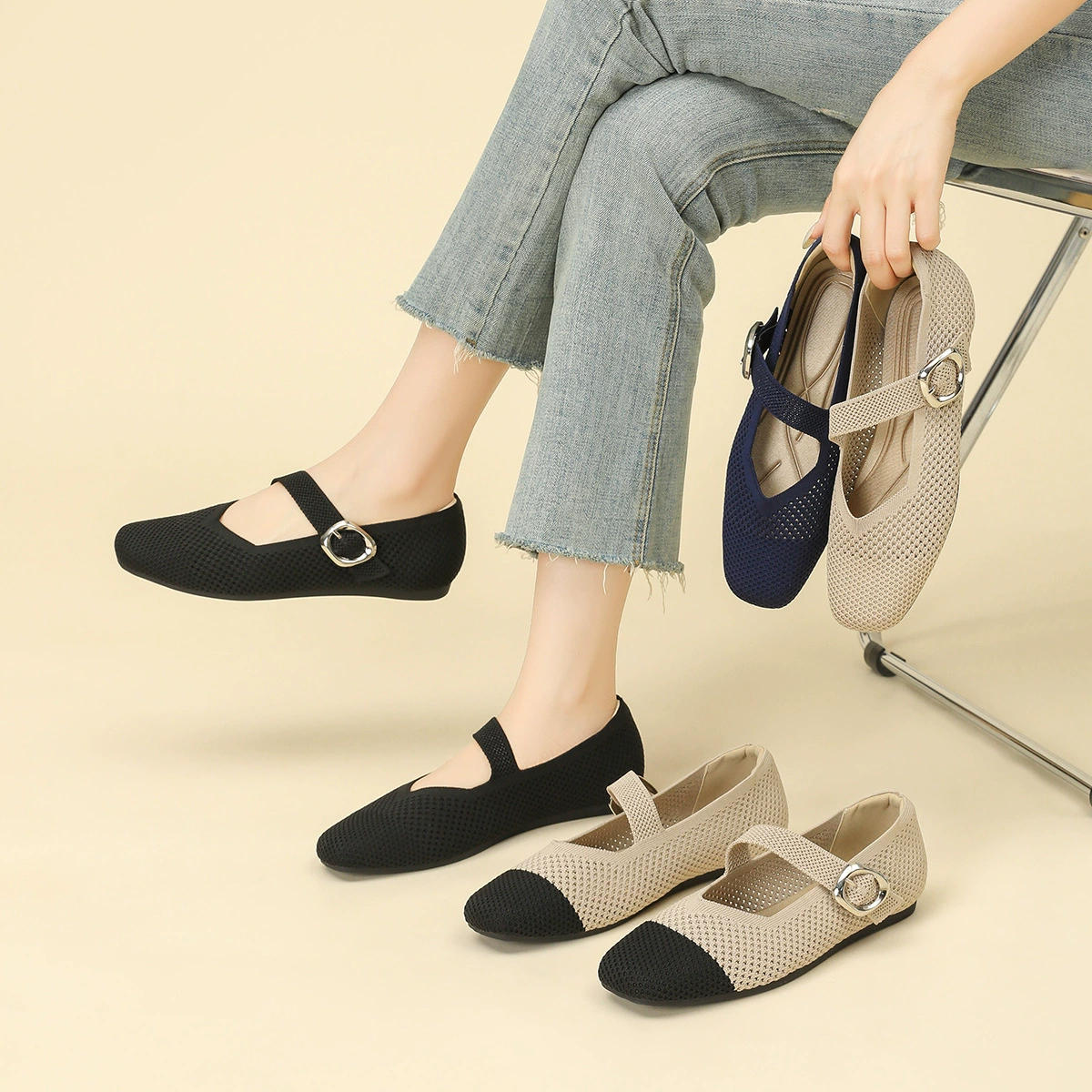2024-1 Туфли-принцессы с открытым носком для женщин, маленькие ароматные туфли с сеткой, квадратный носок, туфли Мэри Джейн с ремешком, вязаные туфли на плоской подошве