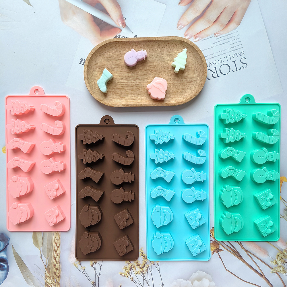 12 molde de pastel de silicona chocolate de Navidad 451 muñeco de nieve calcetines árbol DIY dulces moldes de hielo para hornear