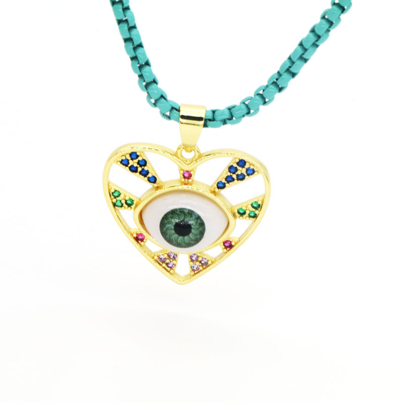 Unisex Gender Copper 18K Gold Plated Beaded Inlay Devil's Eye Heart Shape Resin Zircon Pendant Necklace
