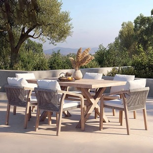 Nordic Outdoor Teak Rattan Table and Chair Villa Courtyard Garden Outdoor Terrace Waterproof Casual Teak Dining Table and Chair
