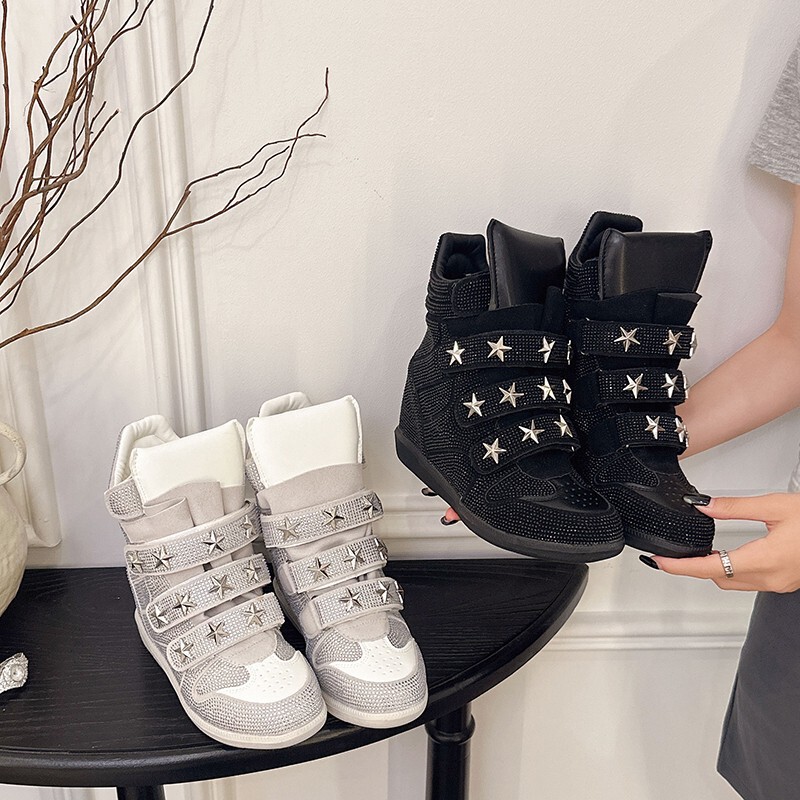 European and American style full-diamond high-top casual shoes for women, punk style with star studs, Velcro closure, internal height increase, wedge heel, thick-soled sports shoes European and American style full-diamond high-top casual shoes for women, punk style with star studs, Velcro closure, internal height increase, wedge heel, thick-soled sports shoes