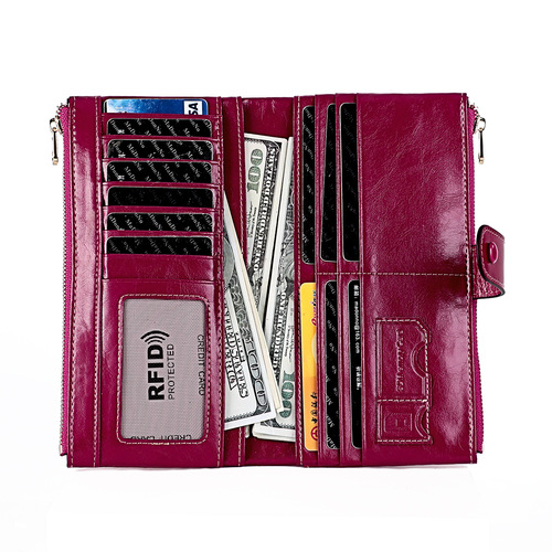 Korean style fashion mobile phone coin clutch rfid anti-theft brush long wallet retro oil wax genuine leather ladies wallet