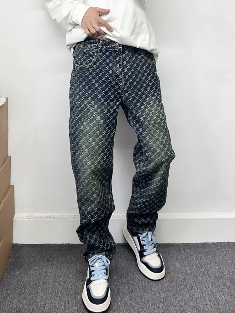 Men's Clothing High End Men's Straight Leg Jeans Streetwear American High Street Style Cool Edgy Vibe Full Print Embroidery_mkmklike.com