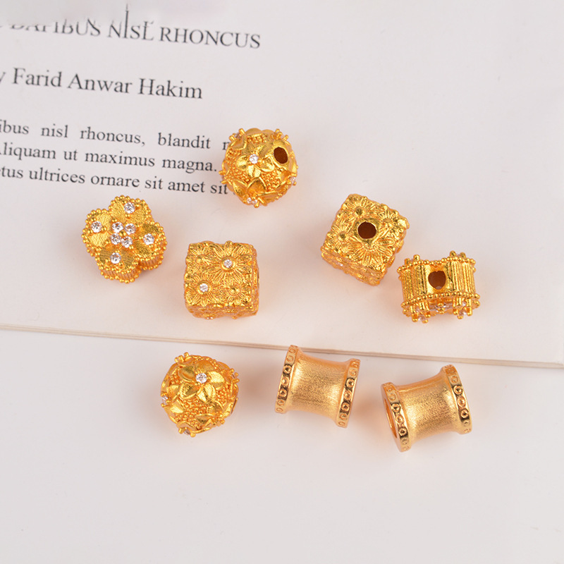 New Brushed Gold Small Waist Barrel Beads with Micro-Inlaid Zircon Four-Leaf Clover Square Spacer Beads Accessories Loose Beads DIY Daisy
