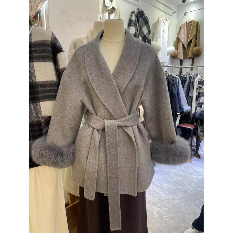 Off-Season New Double-Sided Wool Coat for Women, Petite, Detachable Fox Fur, Elegant Woolen Short Coat