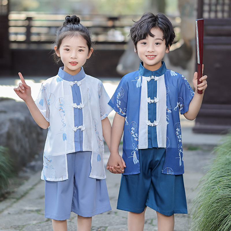 Hanfu boy summer 2024 new short-sleeve ancient costume performance dress Chinese style Tang suit children summer clothing thin set