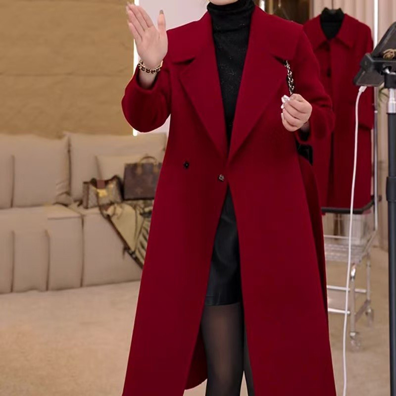 Woolen Coat 2025 New Fashion High-End Red Woolen Coat Elegant Age-Reducing Slimming Coat