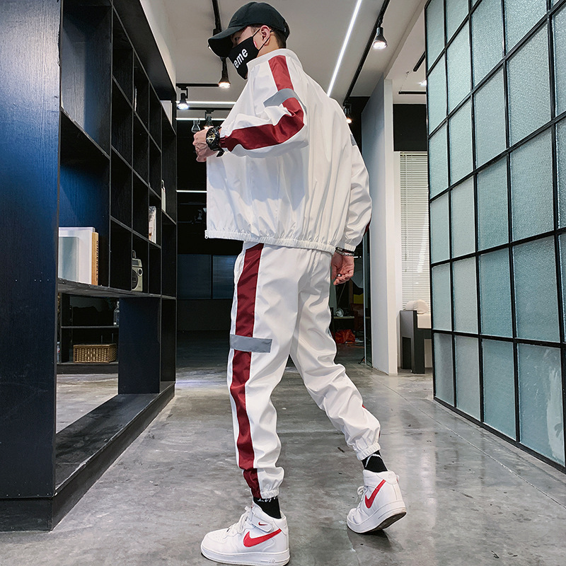 2024春秋跨境男士休闲运动服套装两件套印花LOGO一件印发光条|undefined