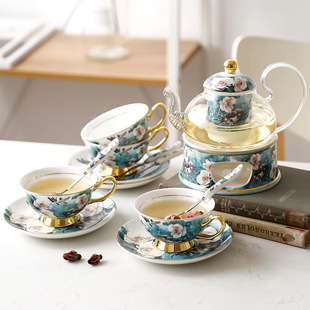 Rhododendron Ceramic Glass Heated Flower Teapot Set with Filter European Style Afternoon Tea Set Heat Preservation Teapot