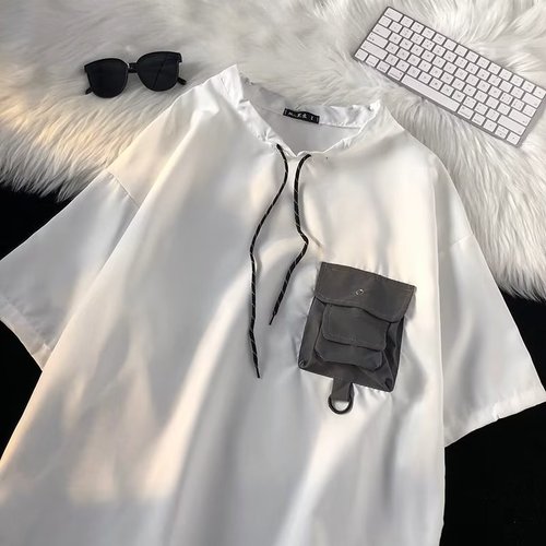Men's Summer Loose Trendy High Street Pocket T-Shirt with Hong Kong Style Insided-out Drawstring Short Sleeve T-Shirt for Casual Outfits