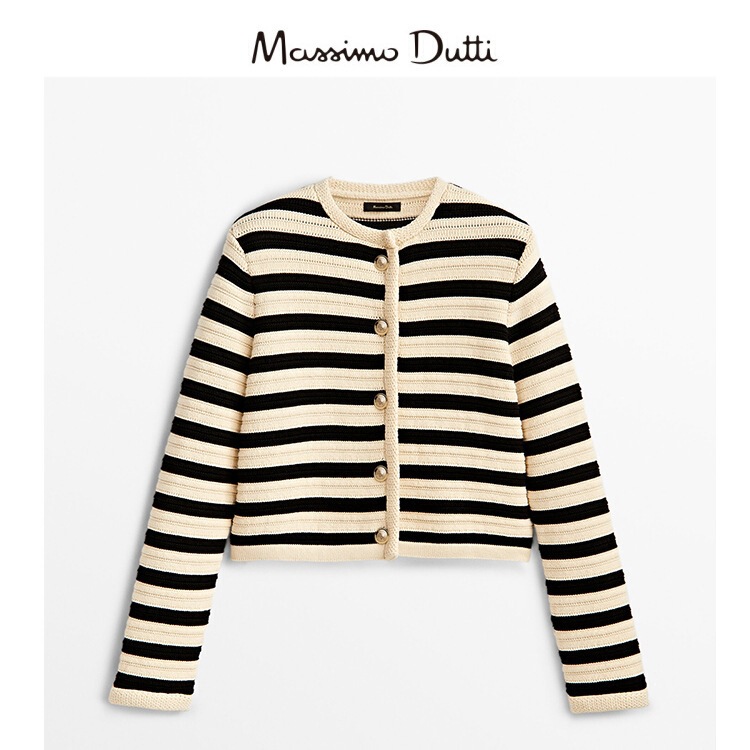 Massimo Dutti Women's 2026 Autumn New Sweater with Buttons, Black and White Striped Knit Cardigan Short Jacket Massimo Dutti Women's 2026 Autumn New Sweater with Buttons, Black and White Striped Knit Cardigan Short Jacket