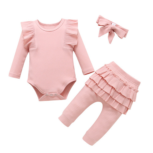 Set of 3 for Autumn Girls: Ribbed Pleated Long-Sleeve Bodysuit and Pants Set with Bow Ties