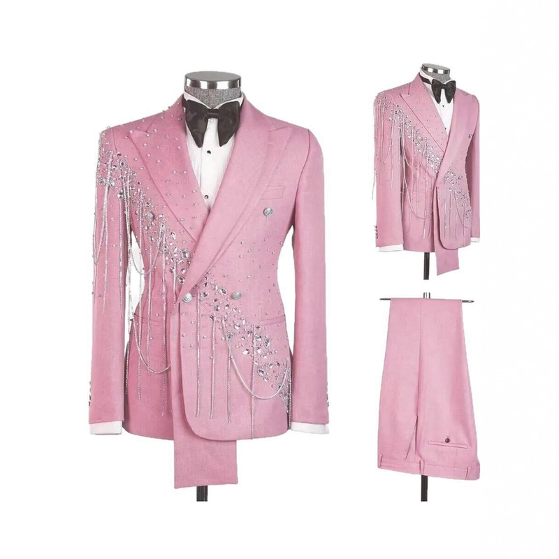 Cross-Border African Modern Men's Wedding Suit Round Neck Single-Breasted Tuxedo Crystal Chain Groom's Dress 2-Piece Set