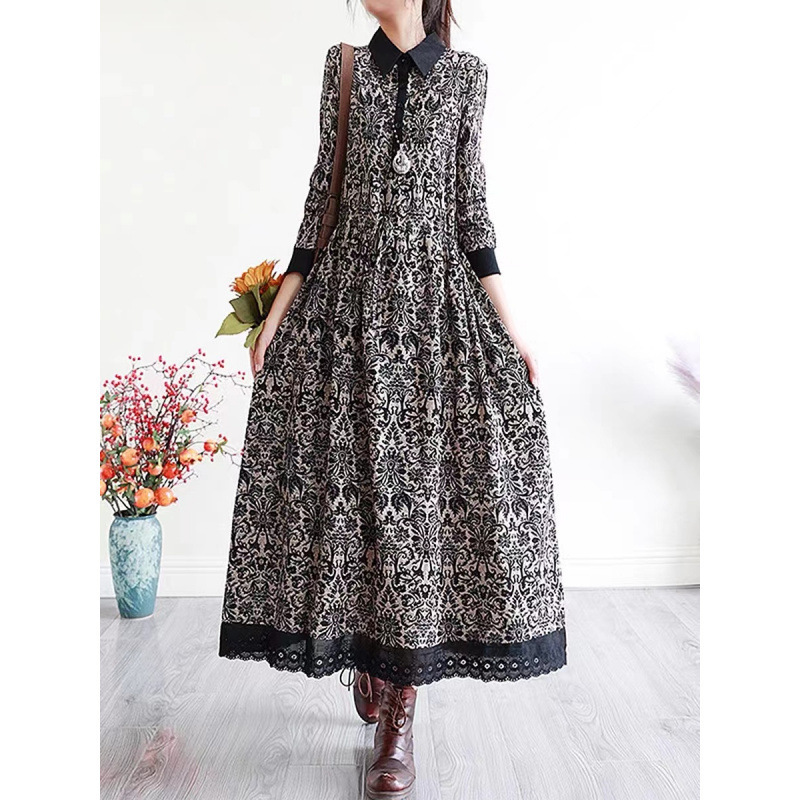 Literary Printed Dress, Autumn Cotton and Linen Bottoming, Long Skirt, Loose Long-Sleeved Shirt Collar