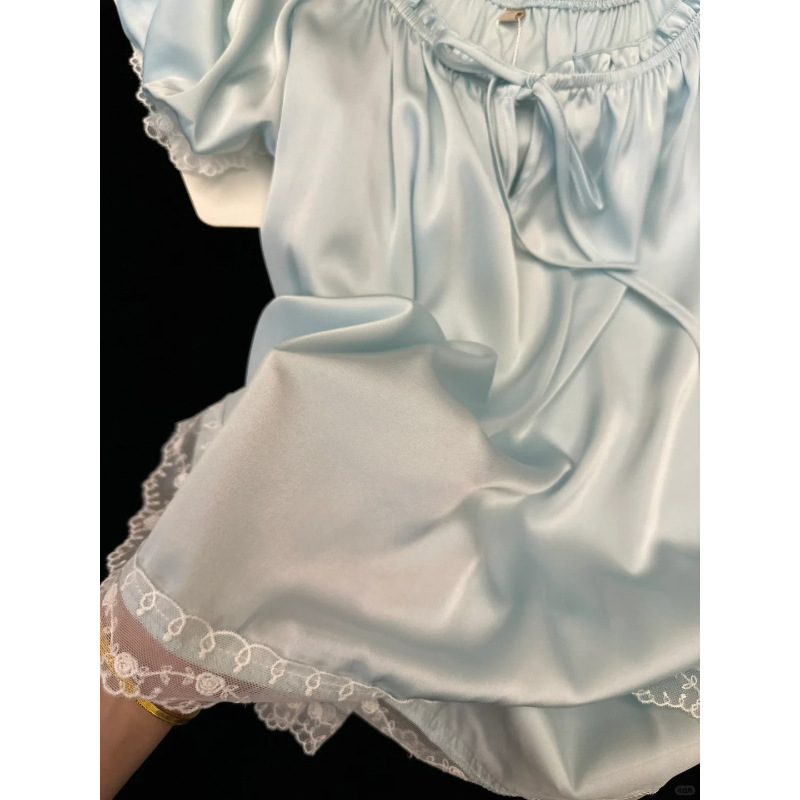 バレエスタイル 2025 優しい純粋な欲望アイスシルクスプライシングパジャマ女性の夏の新しいスーツクールホーム服 2 点セット|undefined
