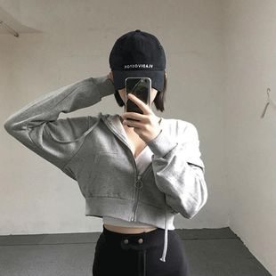 Thin hooded sweater for women Spring and Autumn New Korean style cardigan student Harajuku short long sleeve zipper coat for women