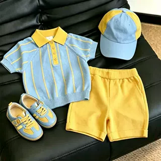 男童运动套装26夏季新款蓝色条纹POLO领针织短袖儿童黄色休闲短裤