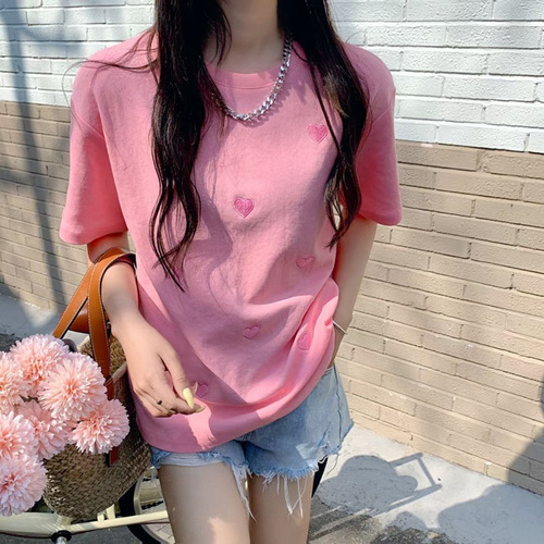 Women's Short Sleeve T-Shirt 2025 Summer Outfit Trendy Crew Neck Heart Embroidery Loose Korean Style Top