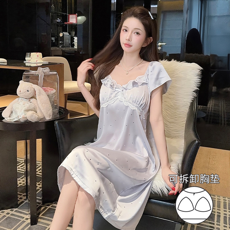 Verneis Ice Silk Pajamas Women's Summer High-End Sexy Lace Nightgown Pure Desire Style Ice Silk Home Clothes Verneis Ice Silk Pajamas Women's Summer High-End Sexy Lace Nightgown Pure Desire Style Ice Silk Home Clothes