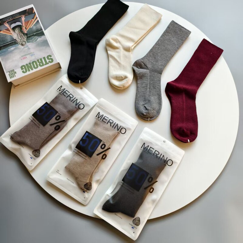 50% Merino Wool Women's Mid-Calf Socks, Double-Needle Solid Color Slouch Socks, All-Season Versatile Sports Trendy Socks Wholesale